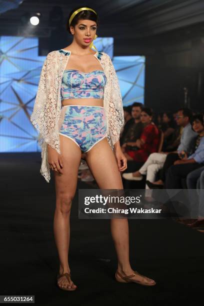 Model walks the runway at the Nidhi Munim show during India Intimate Fashion Week 2017 at Hotel Leela on March 18, 2017 in Mumbai, India.