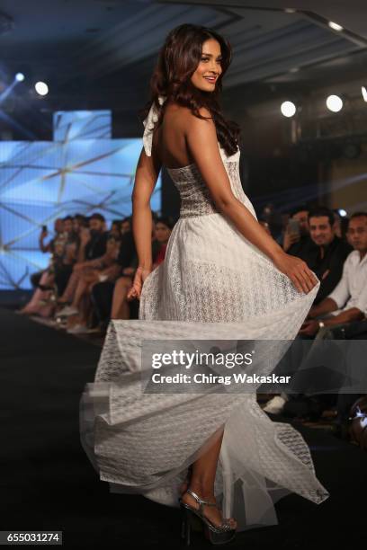 Sushrii Shreya Mishraa walks the runway at the Nidhi Munim show during India Intimate Fashion Week 2017 at Hotel Leela on March 18, 2017 in Mumbai,...