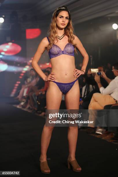 Model walks the runway at the Triumph International show during India Intimate Fashion Week 2017 at Hotel Leela on March 18, 2017 in Mumbai, India.