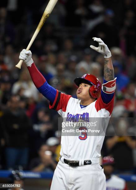 Manny Machado of the Dominican Republic reacts to a called strike during the ninth inning of the World Baseball Classic Pool F Game Six between the...