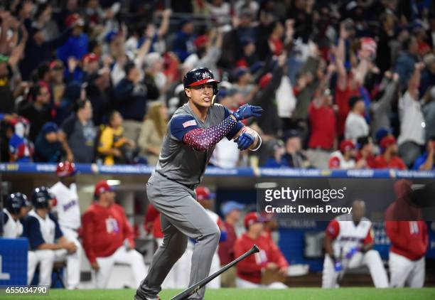 Giancarlo Stanton of the United States celebrates after hitting a two run home run during the fourth inning of the World Baseball Classic Pool F Game...