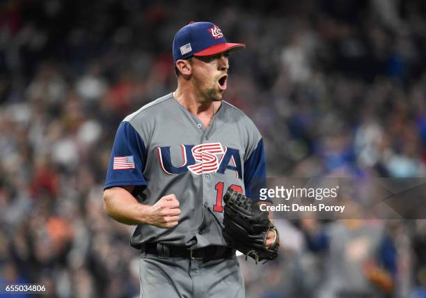 Luke Gregerson of the United States reacts after beating the Dominican Republic 6-3 in World Baseball Classic Pool F Game Six at PETCO Park on March...