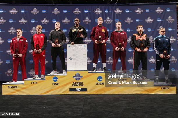 Podium of medal winners for the 197lb. Class during the Division 1 Men's Wrestling Championships held at Scottrade Center on March 18, 2017 in St....