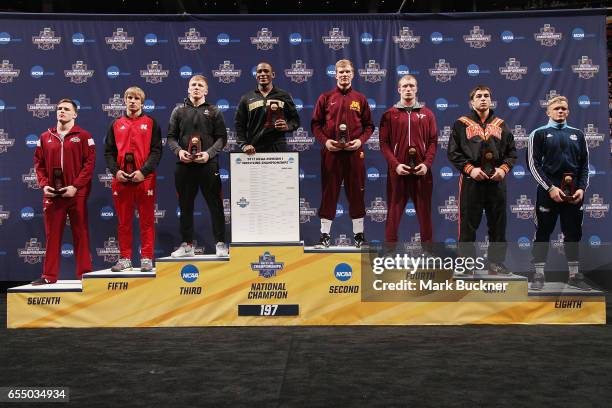 Podium of medal winners for the 197lb. Class during the Division 1 Men's Wrestling Championships held at Scottrade Center on March 18, 2017 in St....