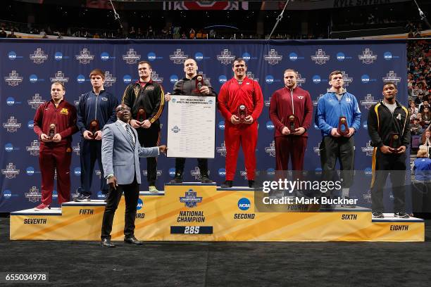 Podium of medal winners for the 285lb. Class during the Division 1 Men's Wrestling Championships held at Scottrade Center on March 18, 2017 in St....