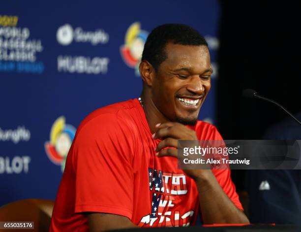 Adam Jones of Team USA speaks during the postgame press conference after of Game 6 of Pool F of the 2017 World Baseball Classic against Team...