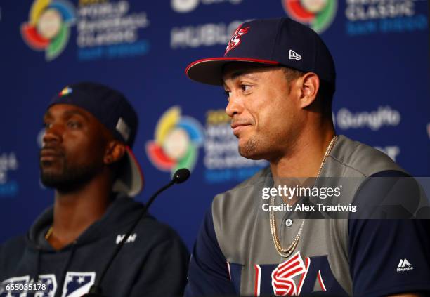 Giancarlo Stanton of Team USA is seen during the postgame press conference after of Game 6 of Pool F of the 2017 World Baseball Classic against Team...