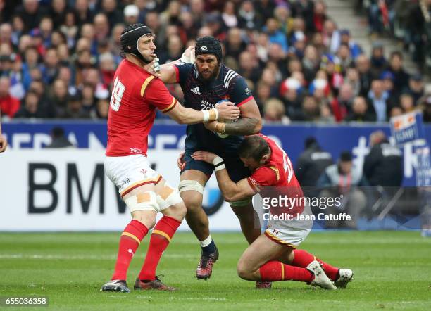 Sebastien Vahaamahina of France and Luke Charteris of Wales in action during the RBS 6 Nations rugby match between France and Wales at Stade de...