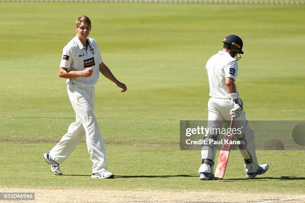 Cameron Green of Western Australia celebrates the wicket of Ed Cowan of New South Wales during the Sheffield Shield match between Western Australia...