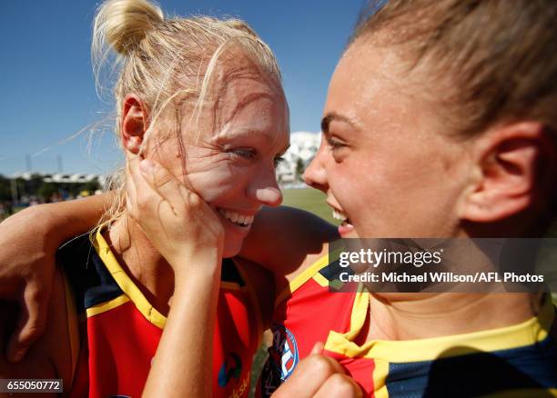 Erin Phillips and Ebony Marinoff of the Crows celebrate during the 2017 AFLW Round 07 match between the Collingwood Magpies and the Adelaide Crows at...