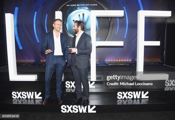 Actors Ryan Reynolds and Jake Gyllenhaal attend the "Life" premiere during 2017 SXSW Conference and Festivals at the ZACH Theatre on March 18, 2017...