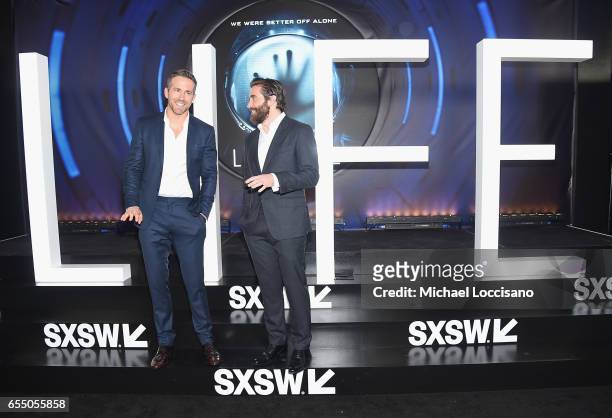 Actors Ryan Reynolds and Jake Gyllenhaal attend the "Life" premiere during 2017 SXSW Conference and Festivals at the ZACH Theatre on March 18, 2017...