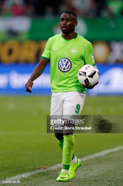 Paul-Georges Ntep of VfL Wolfsburg takes the throw-in during the Bundesliga match between VfL Wolfsburg and SV Darmstadt 98 at Volkswagen Arena on...