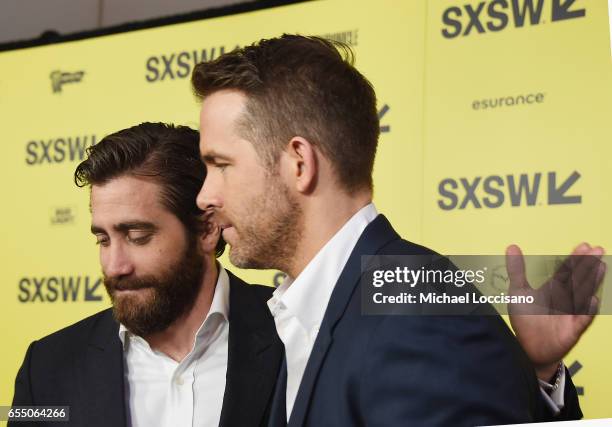 Actors Jake Gyllenhaal and Ryan Reynolds attend the "Life" premiere during 2017 SXSW Conference and Festivals at the ZACH Theatre on March 18, 2017...