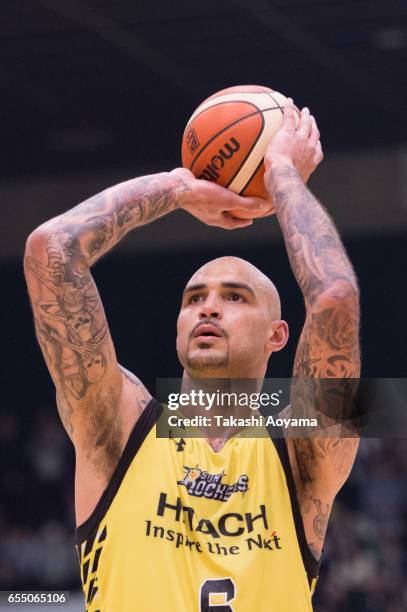 Robert Sacre of the SunRockers shoots a free throw during the B.League match between Hitachi SunRockers Tokyo-Shibuya and Alvark Tokyo at Aoyama...