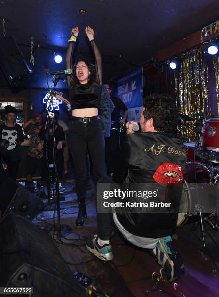 Lola Pistola performs with AJ Davila onstage at Burgermania during 2017 SXSW Conference and Festivals at Hotel Vegas at Volstead on March 18, 2017 in...