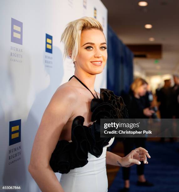 Singer Katy Perry arrives to The Human Rights Campaign 2017 Los Angeles Gala Dinner at JW Marriott Los Angeles at L.A. LIVE on March 18, 2017 in Los...