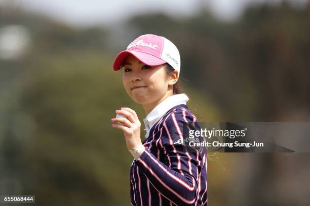 Erika Kikuchi of Japan reacts after a putt on the 9th hole during the T-Point Ladies Golf Tournament at the Wakagi Golf Club on March 19, 2017 in...