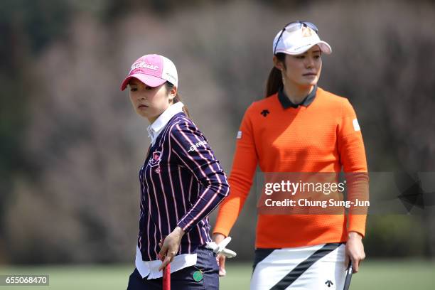 Erika Kikuchi of Japan on the 9th hole during the T-Point Ladies Golf Tournament at the Wakagi Golf Club on March 19, 2017 in Aira, Japan.