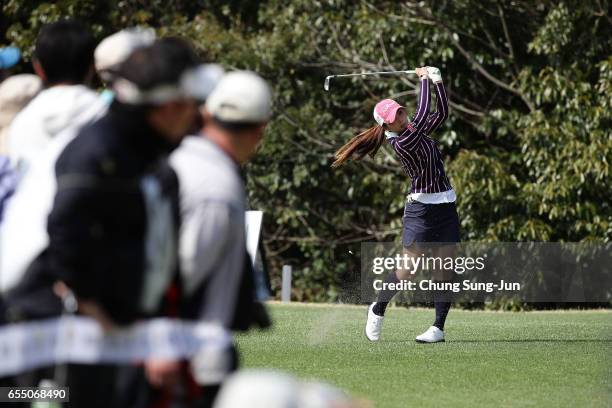 Erika Kikuchi of Japan plays a tee shot on the 17th hole during the T-Point Ladies Golf Tournament at the Wakagi Golf Club on March 19, 2017 in Aira,...