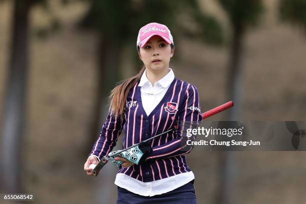 Erika Kikuchi of Japan on the 6th green during the T-Point Ladies Golf Tournament at the Wakagi Golf Club on March 19, 2017 in Aira, Japan.