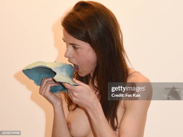 Actress/model Zoe Duchesne Trouche during the 'Faccia A Faccia' Sarah Trouche performance exhibition at Galerie Vanessa Quang on March 18, 2017 in...