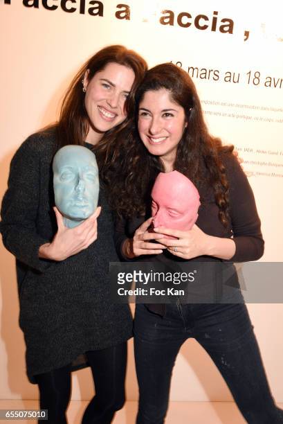 Actress /model Zoe Duchesne and visual artist Sarah Trouche during the 'Faccia A Faccia' Sarah Trouche performance exhibition at Galerie Vanessa...