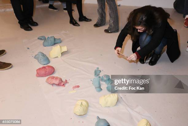 General view of atmosphere during the 'Faccia A Faccia' Sarah Trouche performance exhibition at Galerie Vanessa Quang on March 18, 2017 in Paris,...