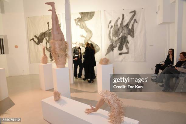 General view of atmosphere during the 'Faccia A Faccia' Sarah Trouche performance exhibition at Galerie Vanessa Quang on March 18, 2017 in Paris,...