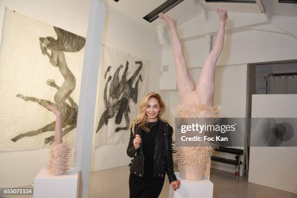 Bags and scarves designer Sasha Berry during the 'Faccia A Faccia' Sarah Trouche performance exhibition at Galerie Vanessa Quang on March 18, 2017 in...