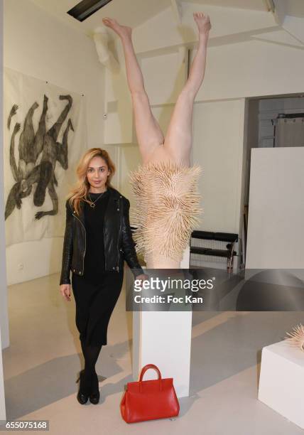 Bags and scarves designer Sasha Berry during the 'Faccia A Faccia' Sarah Trouche performance exhibition at Galerie Vanessa Quang on March 18, 2017 in...