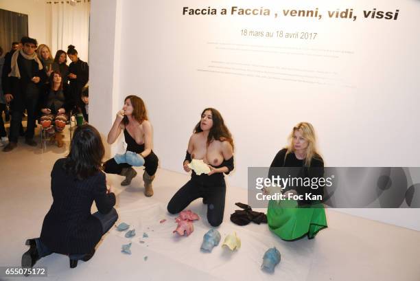 Visual artists June McGrane, Sarah Trouche and Valerie Deschamps Wright from Women's Wear Daily during the 'Faccia A Faccia' Sarah Trouche...
