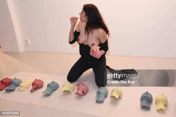 Visual artist Sarah Trouche during the 'Faccia A Faccia' Sarah Trouche performance exhibition at Galerie Vanessa Quang on March 18, 2017 in Paris,...