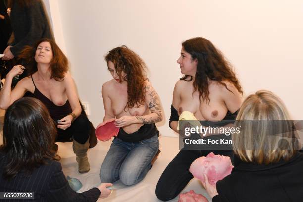 Visual artists Camille Moravi, June McGrane, Sarah Trouche and actress/model Zoe Duchesne perform during the 'Faccia A Faccia' Sarah Trouche...