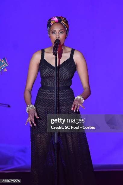 Singer Imany performs on stage during the Rose Ball 2017 Secession Viennoise To Benefit The Princess Grace Foundation at Sporting Monte-Carlo on...
