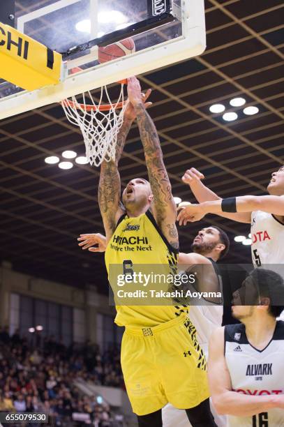 Robert Sacre of the SunRockers goes up for a shot during the B.League match between Hitachi SunRockers Tokyo-Shibuya and Alvark Tokyo at Aoyama...