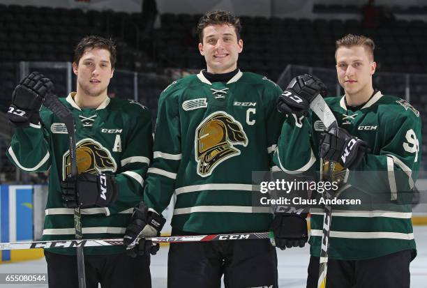 London Knights trio of overagers Owen MacDonald, JJ Piccinich, and Dante Salituro were honoured prior to play against the Flint Firebirds in an OHL...