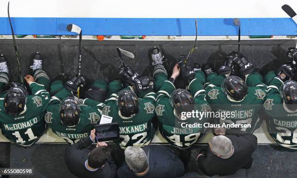 An overview of the London Knights bench against the Flint Firebirds during an OHL game at Budweiser Gardens on March 17, 2017 in London, Ontario,...