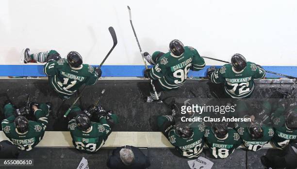 An overview of the London Knights bench against the Flint Firebirds during an OHL game at Budweiser Gardens on March 17, 2017 in London, Ontario,...