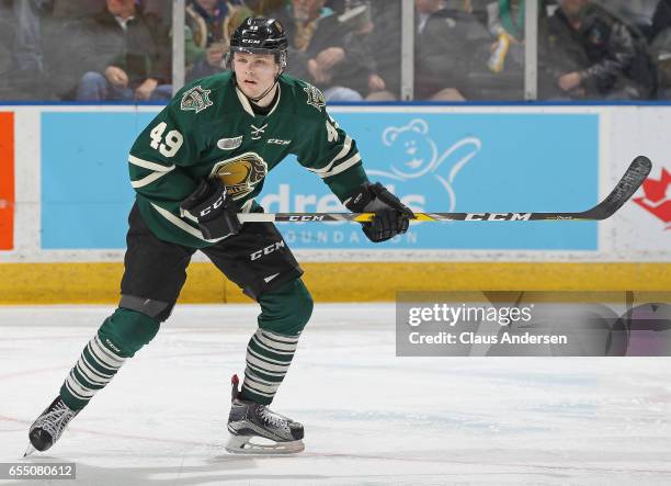 Max Jones of the London Knights skates against the Flint Firebirds during an OHL game at Budweiser Gardens on March 17, 2017 in London, Ontario,...