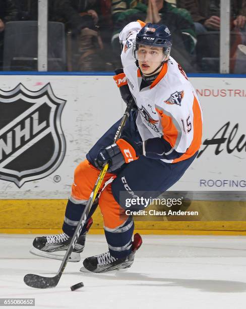 Fedor Gordeev of the Flint Firebirds skates with the puck against the London Knights during an OHL game at Budweiser Gardens on March 17, 2017 in...