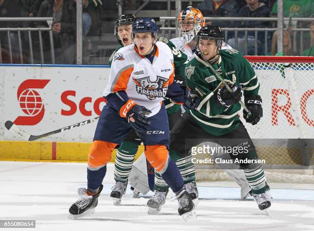 Hakon Nilsen of the Flint Firebirds defends against Dante Salituro and Owen MacDonald of the London Knights during an OHL game at Budweiser Gardens...