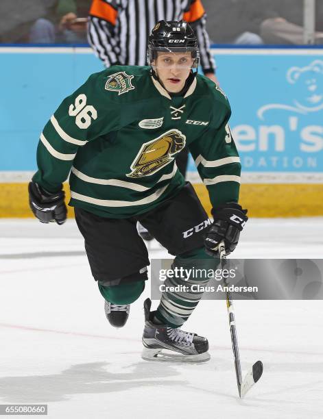 Dante Salituro of the London Knights skates against the Flint Firebirds during an OHL game at Budweiser Gardens on March 17, 2017 in London, Ontario,...