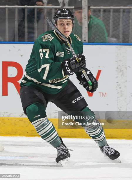 Mitchell Stephens of the London Knights skates against the Flint Firebirds during an OHL game at Budweiser Gardens on March 17, 2017 in London,...