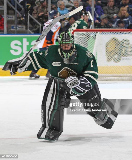 Tyler Parsons of the London Knights races to the bench on a delayed penalty call against the Flint Firebirds during an OHL game at Budweiser Gardens...