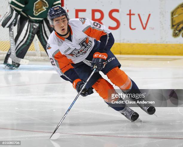 Kole Sherwood of the Flint Firebirds skates against the London Knights during an OHL game at Budweiser Gardens on March 17, 2017 in London, Ontario,...
