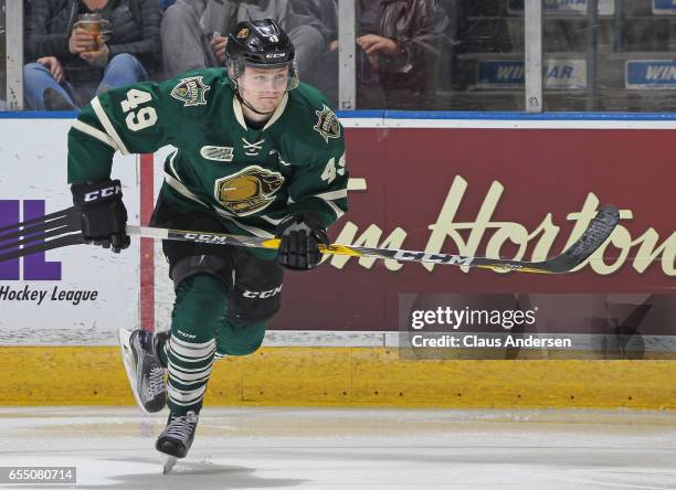 Max Jones of the London Knights skates against the Flint Firebirds during an OHL game at Budweiser Gardens on March 17, 2017 in London, Ontario,...