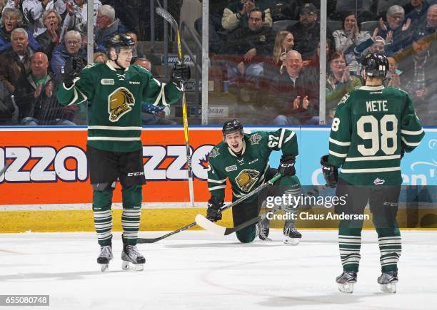Mitchell Stephens of the London Knights cannot believe the highlight reel goal his teammate Max Jones has scored against the Flint Firebirds during...