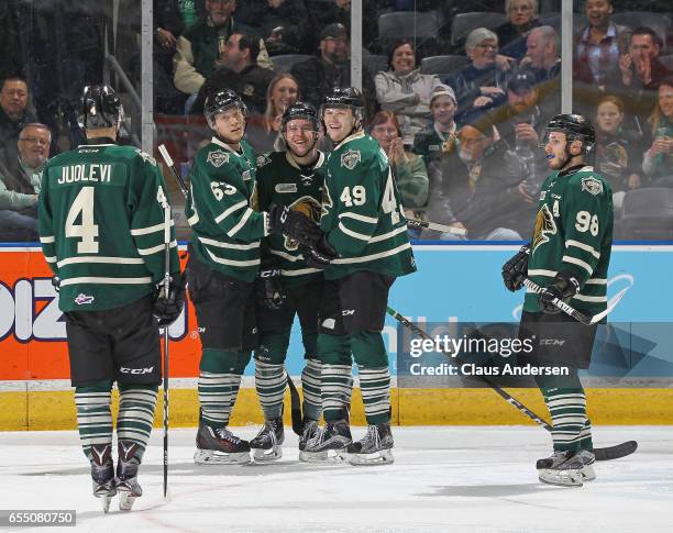 Max Jones of the London Knights celebrates his highlight reel goal against the Flint Firebirds during an OHL game at Budweiser Gardens on March 17,...