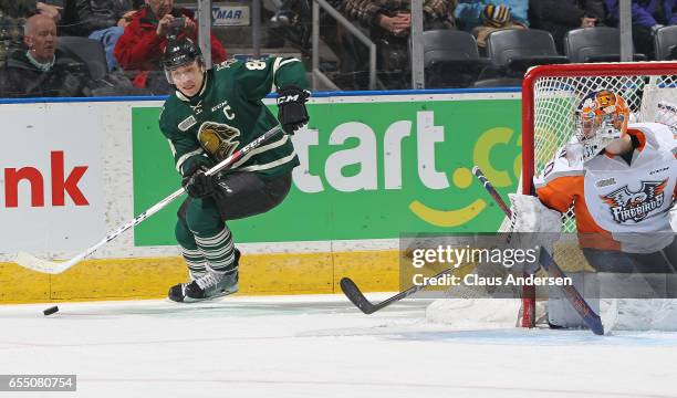 Piccinich of the London Knights makes a pass against the Flint Firebirds during an OHL game at Budweiser Gardens on March 17, 2017 in London,...